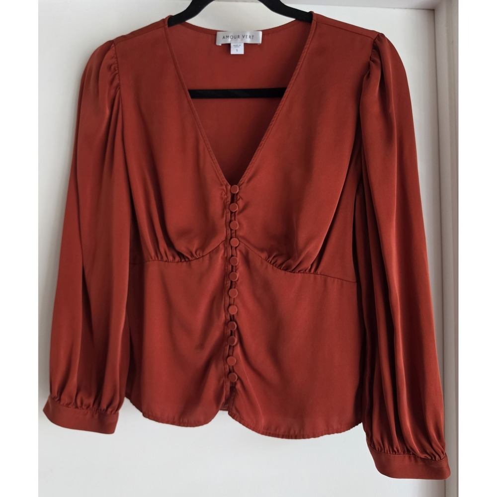 Amour Vert Blouse Women S Rust V-Neck Long Sleeve Solid Top Shirt Classic